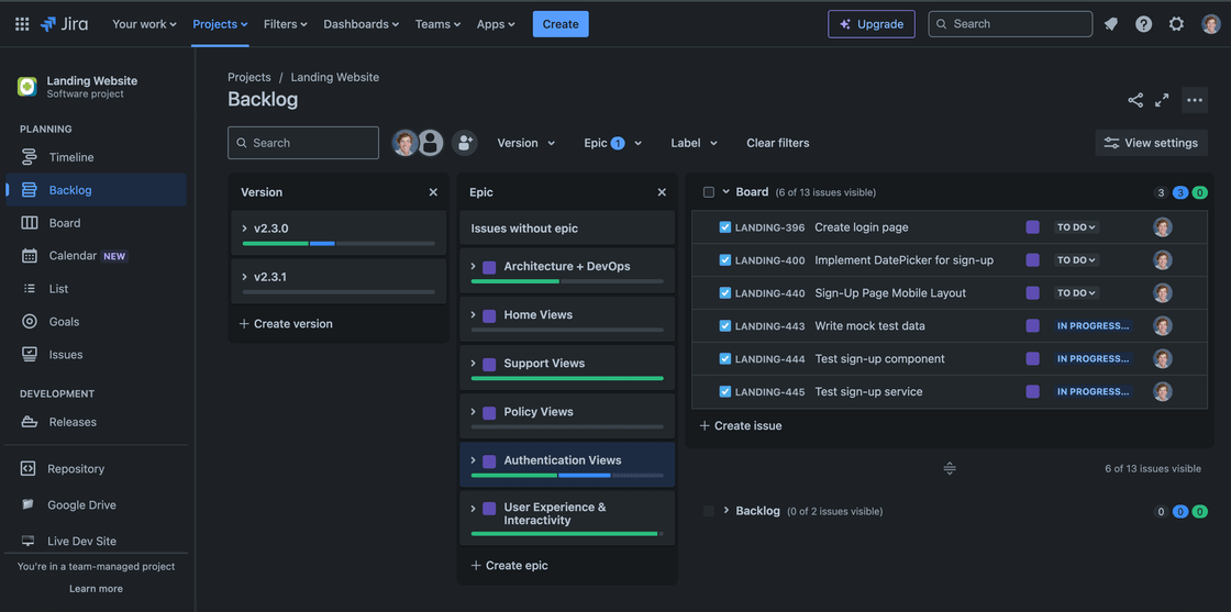 The backlog I managed for the docsnap project to ensure efficient and consistent development