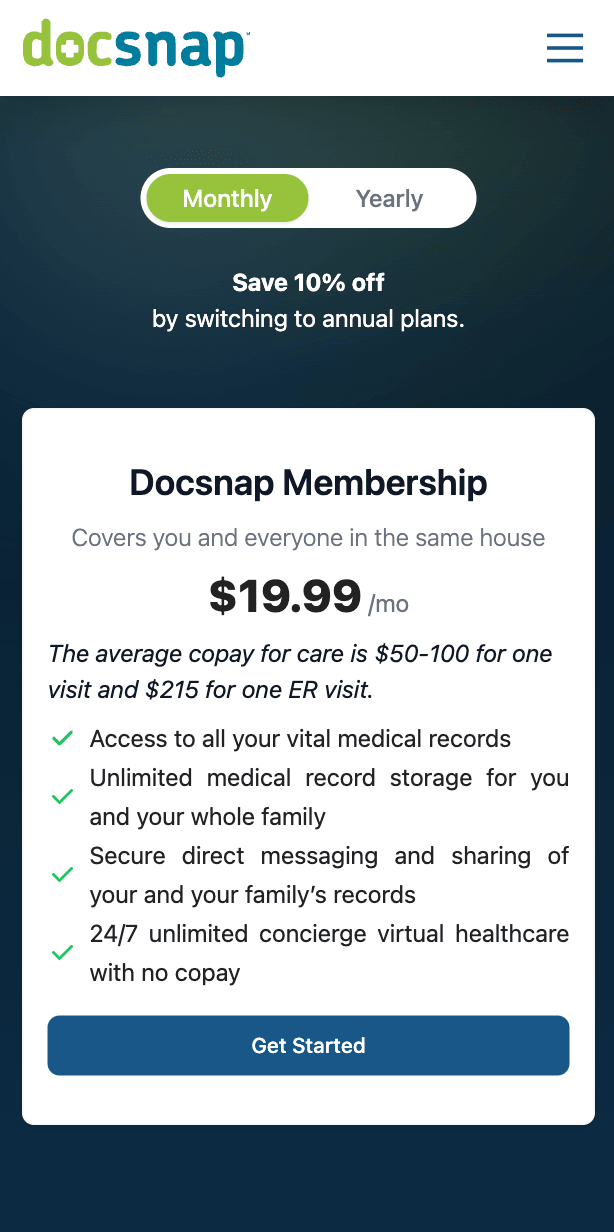 A screenshot of the docsnap pricing page on mobile