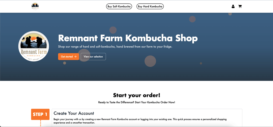 The remnant farm kombucha page on desktop