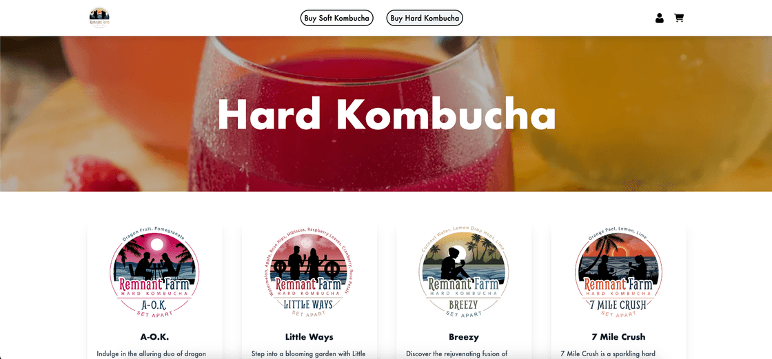 The remnant farm kombucha page on desktop