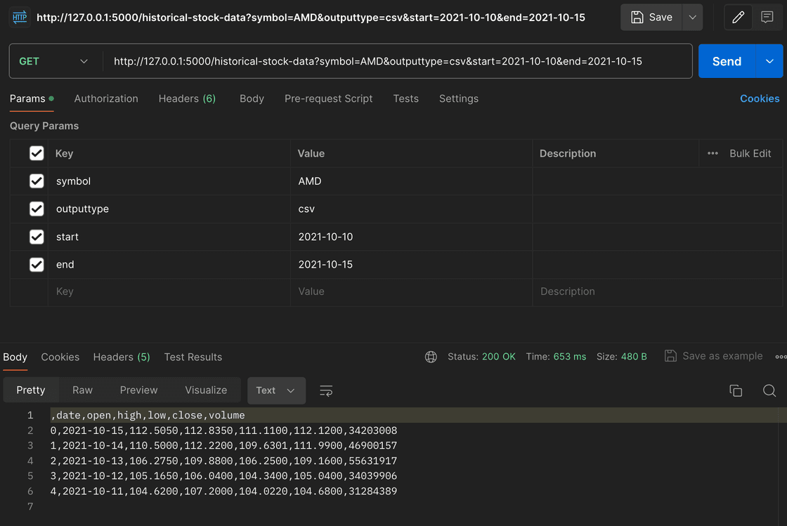 Screenshot verifying that the first endpoint works! Screenshot of request sent to development server endpoint